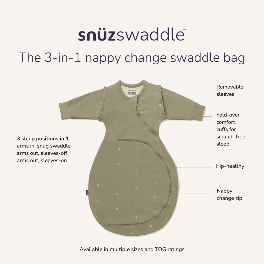SnuzSwaddle 3-in-1 Newborn Swaddle Bag - 1 TOG, Sage Cross