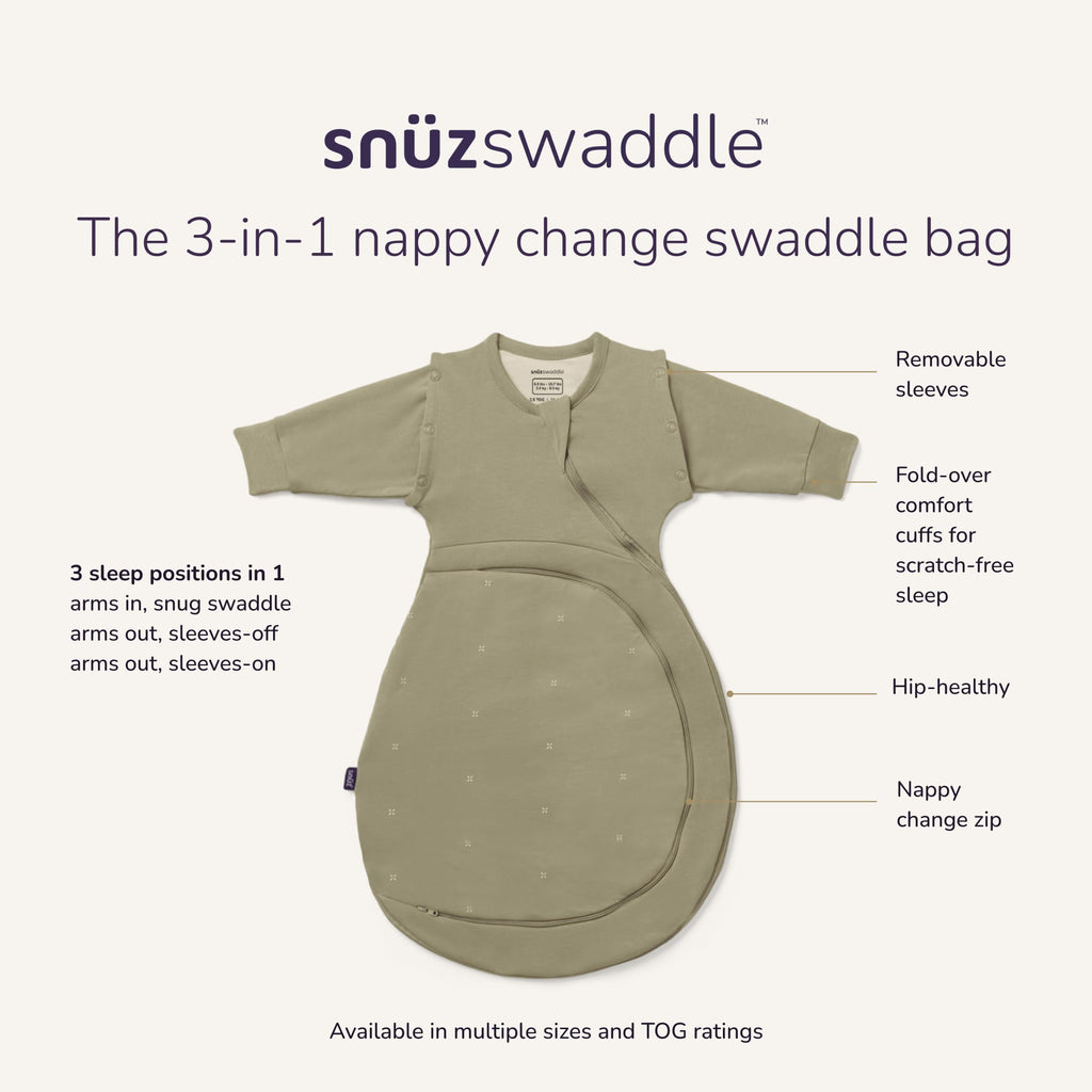 SnuzSwaddle 3-in-1 Newborn Swaddle Bag - 2.5 TOG, Sage Cross