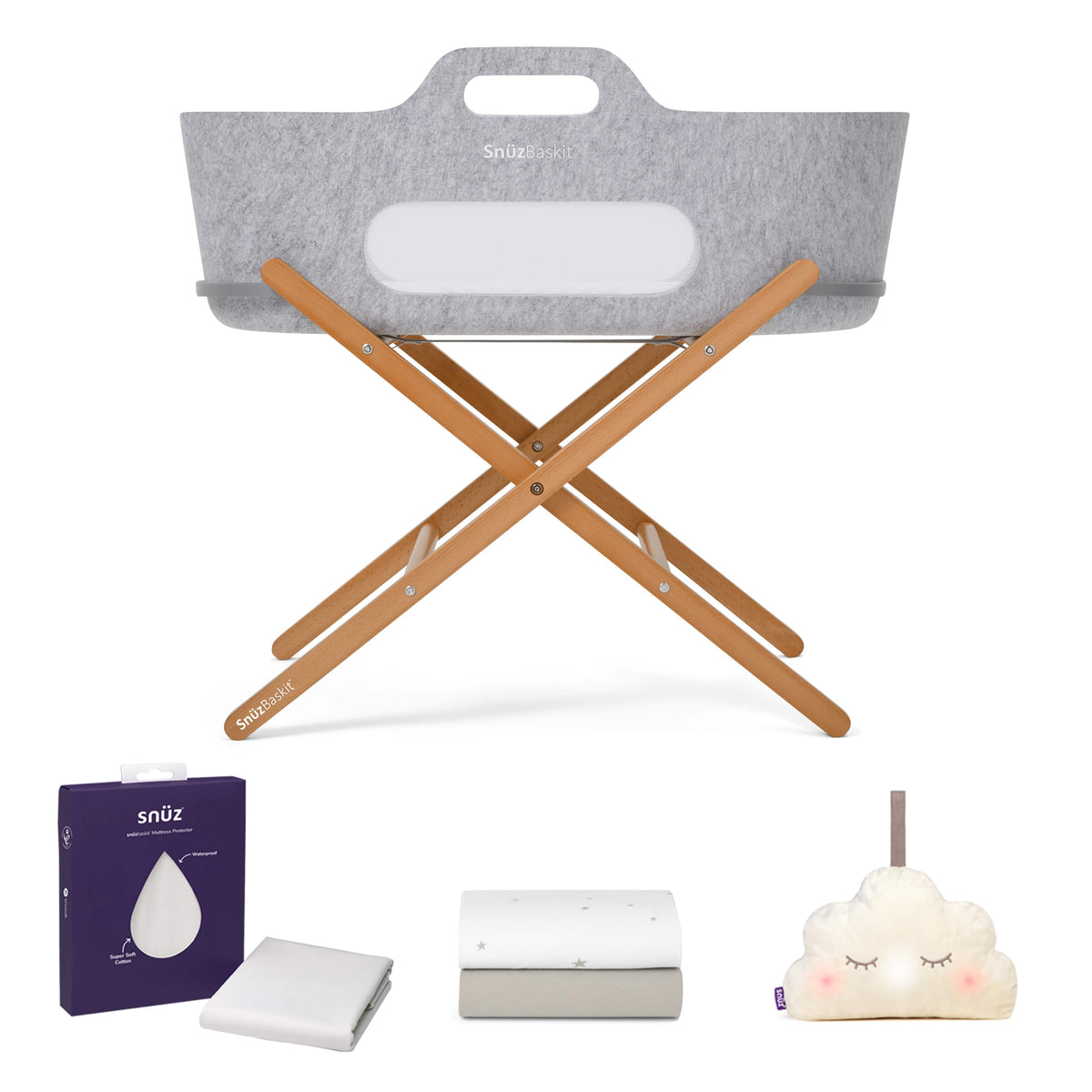 SnuzBaskit Light Grey Bundle with Natural Beech Stand