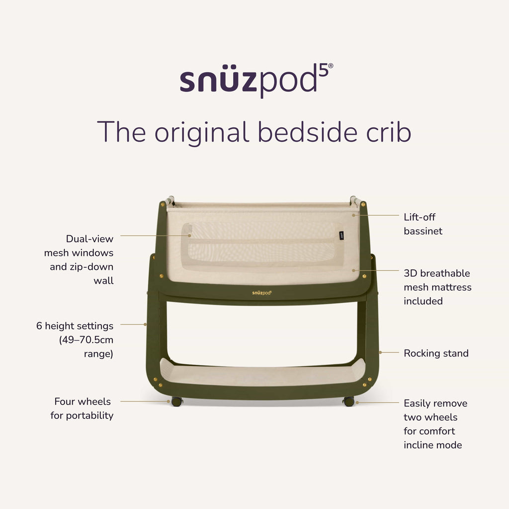 SnuzPod5 Bedside Crib Olive